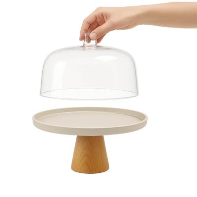 Conjunto Boleira com Cúpula e Migalheira Porta Pão com Tampa Prato Bolos Doces Bege Bambu Ou