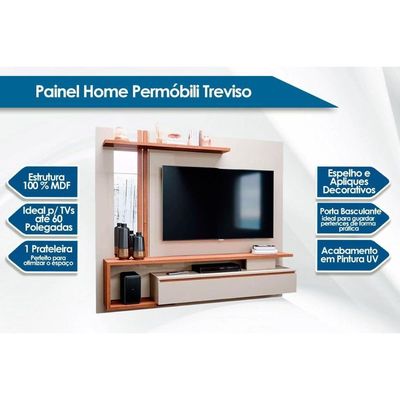 Painel Quarto P- Tv Até 60 Pol Treviso C- 1 Porta E Nicho 180x153cm Off White-cinamomo - Permóbili