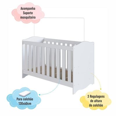 Berço Infantil Cama 3 em 1 Regulagem de Altura Quarto de Bebê Branco