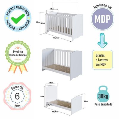 Berço Infantil Cama 3 em 1 Regulagem de Altura Quarto de Bebê Branco