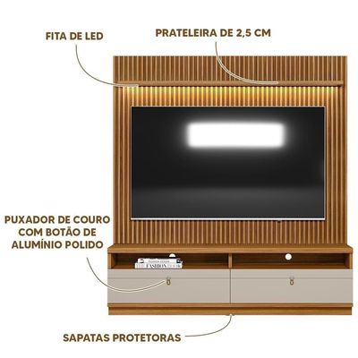 Painel Com Rack Para Tv Até 75 Polegadas Ripado Nature Off White