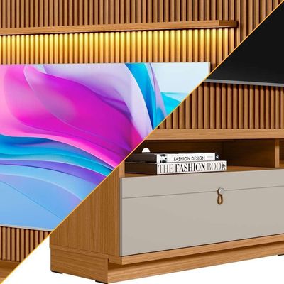 Painel Com Rack Para Tv Até 75 Polegadas Ripado Nature Off White