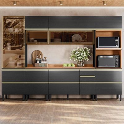 Cozinha Modulada Proença 6 Peças Com Cristaleira E Aéreo 120cm Nogueira Touch/Carbono Prime Tx - Demartêz