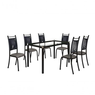 Conjunto Chicago 06 Cadeiras Com Base Tocantins Bm Tubulares Vidro Incolor-ratan Preto-courino 124