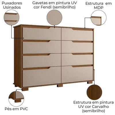 Comoda Georgia 8 Gavetas 147 Cm Carvalho Fendi Moval