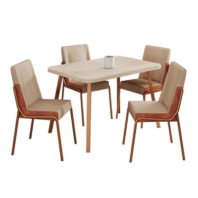 Conjunto de Mesa Retangular com Tampo MDP Petra Stellar e 4 Cadeiras Felipa Linho Areia e Caramelo