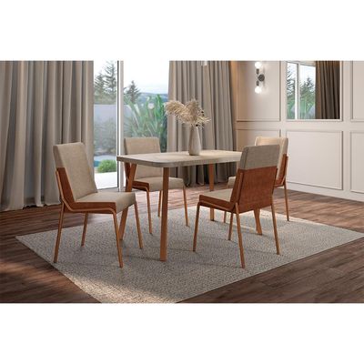 Conjunto de Mesa Retangular com Tampo MDP Petra Stellar e 4 Cadeiras Felipa Linho Areia e Caramelo