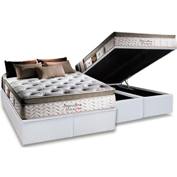 Cama Box Baú Queen: Colchão Molas Ensacadas Herval Imperatore Eco Bamboo + Base White(158X198)