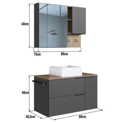 Conjunto Gabinete Com Cuba E Espelheira 80cm Mel Grafite Proddy Mel