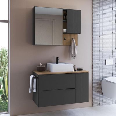 Conjunto Gabinete Com Cuba E Espelheira 80cm Mel Grafite Proddy Mel