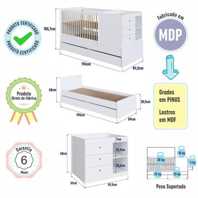 Berço Infantil Multifuncional Menino Menina 194cm Com Cômoda, Trocador E Gavetões Com Rodas Branco