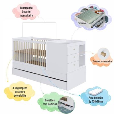 Berço Infantil Multifuncional Menino Menina 194cm Com Cômoda, Trocador E Gavetões Com Rodas Branco