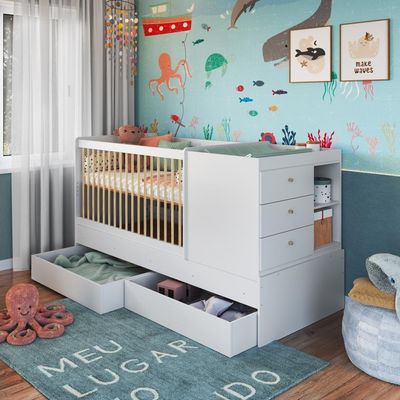 Berço Infantil Multifuncional Menino Menina 194cm Com Cômoda, Trocador E Gavetões Com Rodas Branco