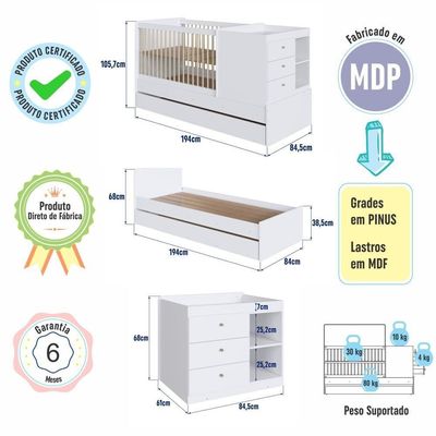 Berço Infantil Multifuncional Menino Menina 194cm Com Cômoda, Trocador E Cama Auxiliar Branco