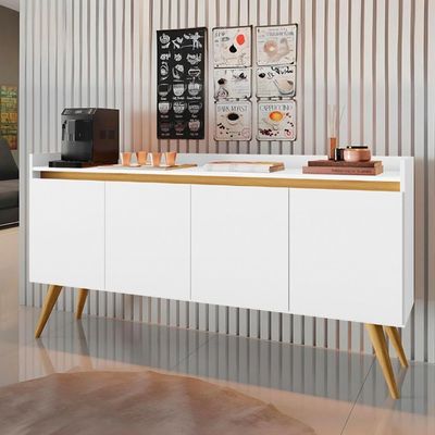 Aparador Buffet Sala Gold 4 Portas Com Pés De Madeira Maciça Branco Mel