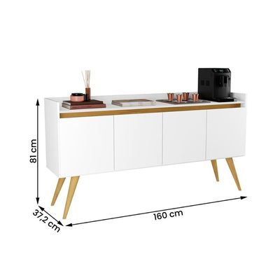 Aparador Buffet Sala Gold 4 Portas Com Pés De Madeira Maciça Branco Mel