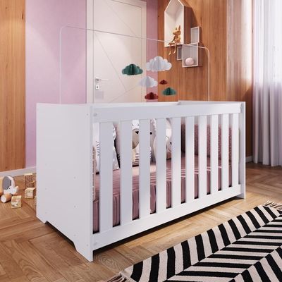 Berço Infantil Simples 133cm Com Colchão, Regulagem De Altura E Grade Mdf Branco