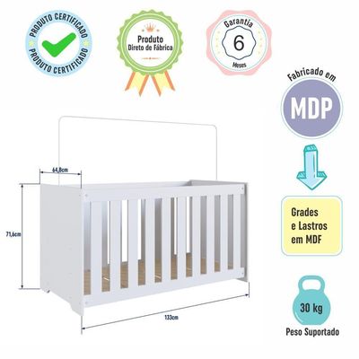 Berço Infantil Simples 133cm Com Colchão, Regulagem De Altura E Grade Mdf Branco