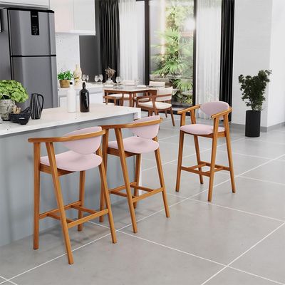 Kit 03 Banquetas Alta Para Cozinha Bancada Bar Sala de Jantar Fixa Cecília L02 Suede Rosê - Lyam