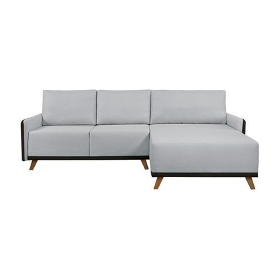 Sofá 5 Lugares Geribá com Chaise Direito Linho Cinza Claro e Preto