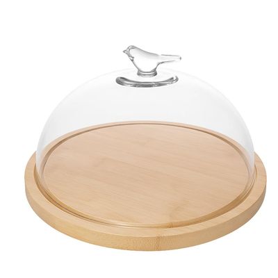 Queijeira Bird com Base de Bambu 20x11cm Vidro Wolff Mesa Posta Café da Manhã