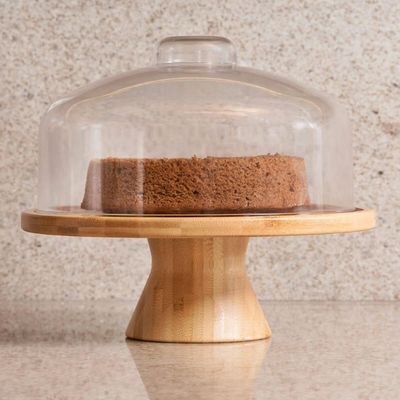Boleira De Bambu Com Tampa Plástica 26,5x21,5cm Coza Brisa Porta Bolo Pedestal E Cúpula