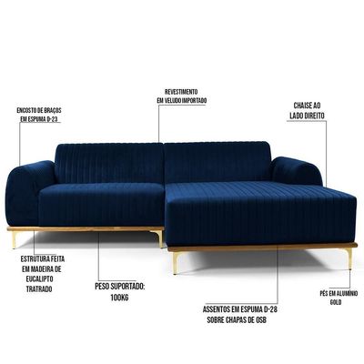 Sofá 4 Lugares Com Chaise Molino 265 Cm Azul Oxford C-304