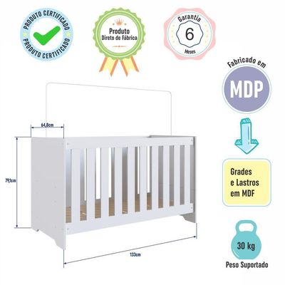 Berço Infantil Cama 3 em 1 133cm Colchão Regulagem de Altura Branco