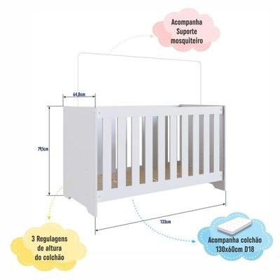 Berço Infantil Cama 3 em 1 133cm Colchão Regulagem de Altura Branco