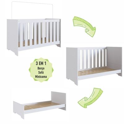 Berço Infantil Cama 3 em 1 133cm Regulagem de Altura Branco