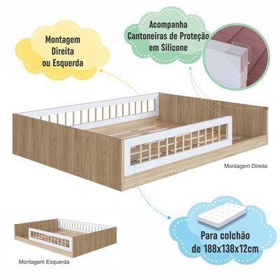 Cama Casal De Chão Infantil Montessoriana Menino Menina 194cm Com Grade De Proteção Aveiro Oak