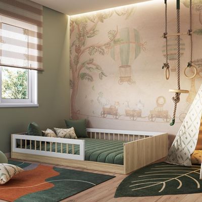 Cama Casal De Chão Infantil Montessoriana Menino Menina 194cm Com Grade De Proteção Aveiro Oak