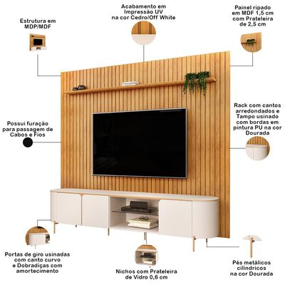 Rack Para Sala  Harper com Painel Ripado Lexa TV 75 Pol D05 Cedro Off White - Lyam Decor