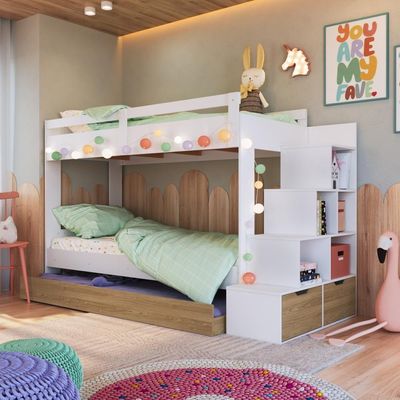 Cama Treliche Infantil Bicama Menino Menina 2,32m Com Escada, Nichos E Gavetas Branco Com Aveiro