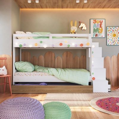 Cama Treliche Infantil Bicama Menino Menina 2,32m Com Escada, Nichos E Gavetas Branco Com Aveiro