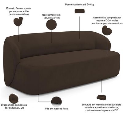Sofá 3 Lugares 205cm Com Poltrona Giratória Orgânica Heidy F04 Veludo Marrom - Lyam Decor