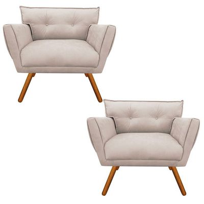Kit 2 Poltronas Anitta Suede Bege Pés Palito Castanho - D'Rossi