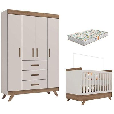 Berço Americano Vitória E Guarda Roupa Infantil Retrô Maya Off White Carvalho Com Colchão Gazin – Carolina