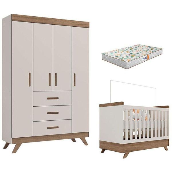 Berço Americano Vitória E Guarda Roupa Infantil Retrô Maya Off White Carvalho Com Colchão Gazin – Carolina