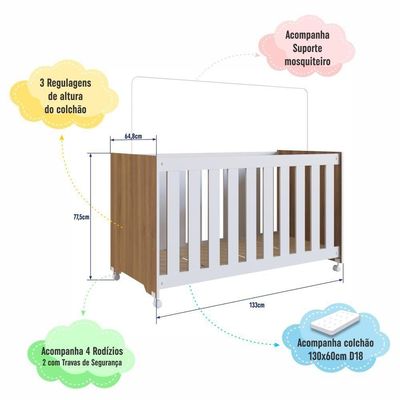 Berço Infantil Simples Com Rodas, Colchão, Regulagem De Altura E Grade Mdf 133cm Nogal Com Branco