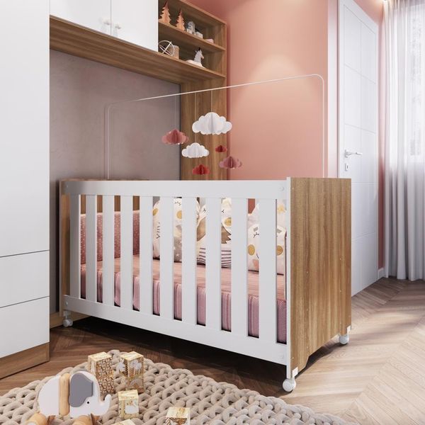 Berço Infantil Simples Com Rodas, Colchão, Regulagem De Altura E Grade Mdf 133cm Nogal Com Branco