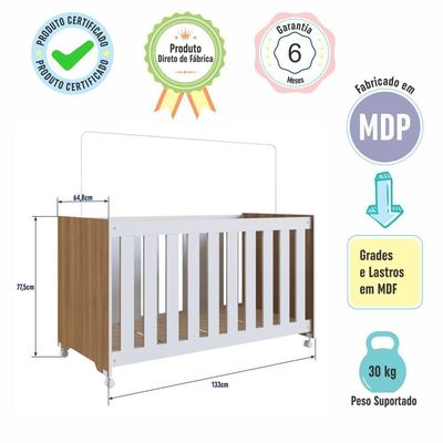 Berço Infantil Simples Com Rodas, Regulagem De Altura E Grade Mdf 133cm Nogal Com Branco