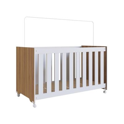 Berço Infantil Simples Com Rodas, Regulagem De Altura E Grade Mdf 133cm Nogal Com Branco