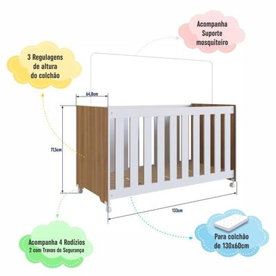 Berço Infantil Simples Com Rodas, Regulagem De Altura E Grade Mdf 133cm Nogal Com Branco