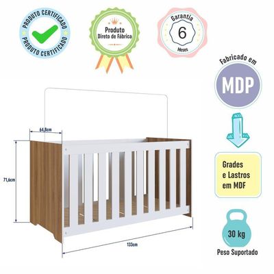 Berço Infantil Simples 133cm Com Regulagem De Altura E Grade Mdf Nogal Com Branco
