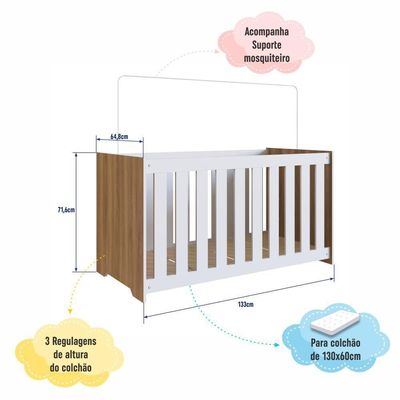 Berço Infantil Simples 133cm Com Regulagem De Altura E Grade Mdf Nogal Com Branco
