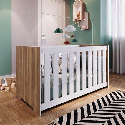 Berço Infantil Simples 133cm Com Colchão, Regulagem De Altura E Grade Mdf Nogal Com Branco