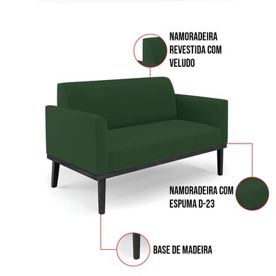 Sofá Namoradeira Base de Madeira Fixa Preto Marisa Veludo Verde
