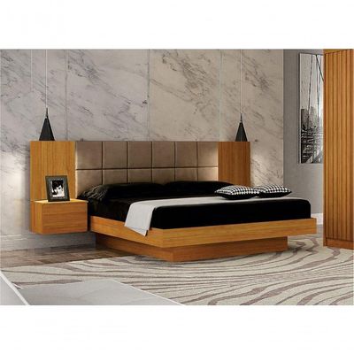 Cama De Casal Queen Size Braga Com Mesa De Cabeceira E Painel Almofadado Leifer Moveis Cinamomo,joli Camurça