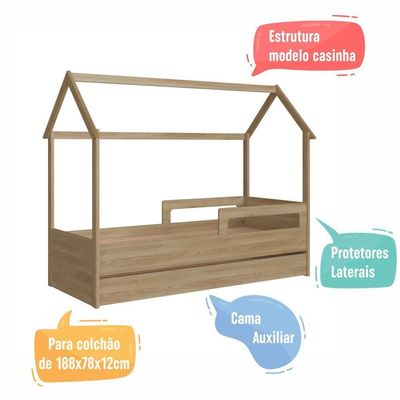 Cama Infantil Bicama Montessoriana Casinha Solteiro Auxiliar Aveiro Oak
